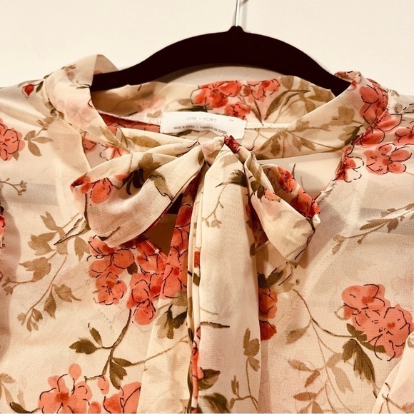 OAK + FORT Floral Sheer Ruffle Balloon Long Sleeve Pink Cream Blouse Bow Tie SM - Picture 4 of 8